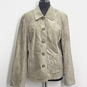 Bernardo Suede jacket Women Sage Green Button Up Long Sleeve Embroidered Lined